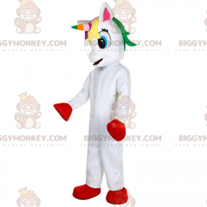 Λευκή στολή μασκότ BIGGYMONKEY™ Unicorn με πολύχρωμο κεφάλι - Μασκότ ζώων που λείπουν - BIGGYMONKEY_010100 - BiggyMonkey.com