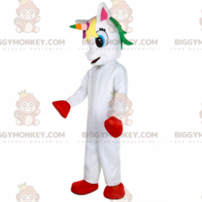 Λευκή στολή μασκότ BIGGYMONKEY™ Unicorn με πολύχρωμο κεφάλι - Μασκότ ζώων που λείπουν - BIGGYMONKEY_010100 - BiggyMonkey.com