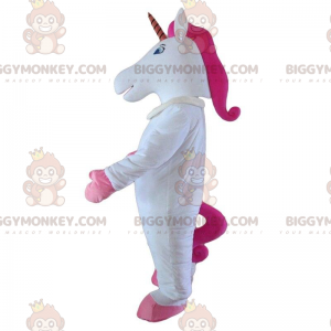 Weißes und rosafarbenes Einhorn BIGGYMONKEY™ Maskottchenkostüm