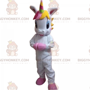 Kostým BIGGYMONKEY™ Malý bílý jednorožec maskota s barevnou