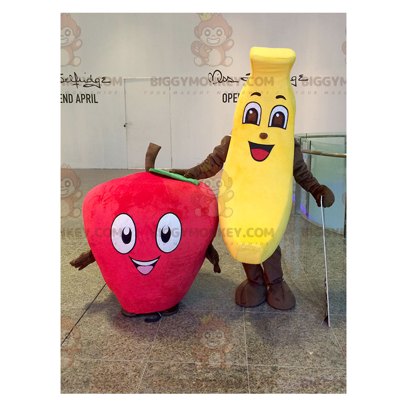 2 BIGGYMONKEY™s-mascottes: een gele banaan en een rode aardbei