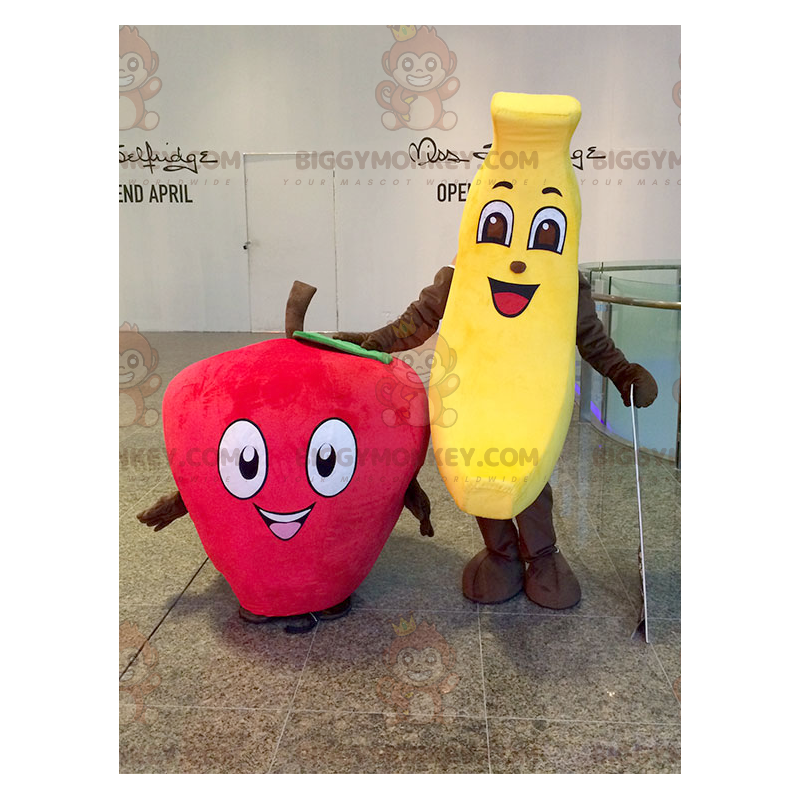 2 mascotes do BIGGYMONKEY™: uma banana amarela e um morango