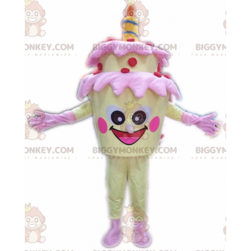 Gele verjaardagstaart BIGGYMONKEY™ mascottekostuum, gigantische Gele verjaardagstaart BIGGYMONKEY™ mascottekostuum, gigantische