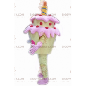 Yellow birthday cake BIGGYMONKEY™ mascot costume, giant cake