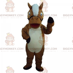 Traje de mascote BIGGYMONKEY™ de cavalo marrom e branco, traje