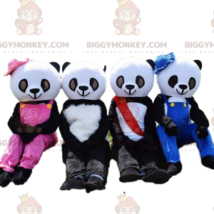 4 mascottes BIGGYMONKEY™ de panda, costumes de nounours noirs