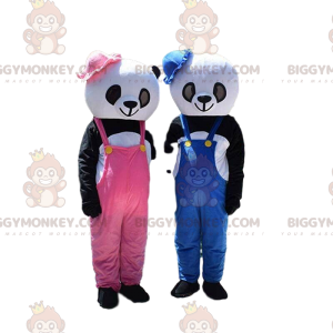 2 panda BIGGYMONKEY™s mascot, girl and boy teddy bear costumes