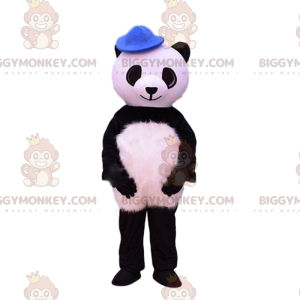 BIGGYMONKEY™ maskotkostume Sort og hvid panda med blå hat -