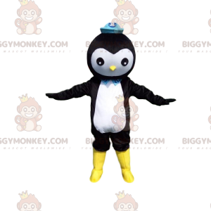 Sort og hvid pingvin BIGGYMONKEY™ maskotkostume med blå hat -