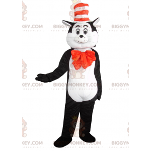 BIGGYMONKEY™ maskot kostume af sort og hvid kat med hat, tomcat