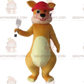 Καφέ κοστούμι μασκότ καγκουρό BIGGYMONKEY™ με κόκκινο καπέλο -