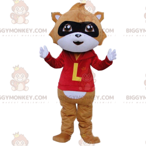 Braun-weißer Waschbär BIGGYMONKEY™ Maskottchen-Kostüm mit rotem