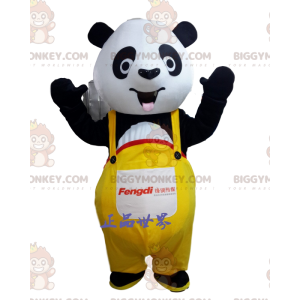 BIGGYMONKEY™ maskotkostume sort og hvid panda med gule overalls