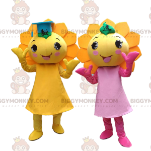 Duo de mascottes BIGGYMONKEY™ de fleurs jaunes, costumes de