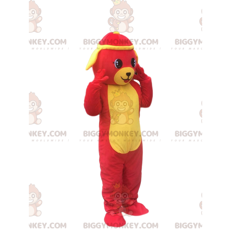 Punainen ja keltainen koiran BIGGYMONKEY™ maskottiasu, värikäs