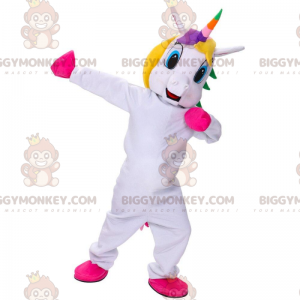 Hvid Unicorn BIGGYMONKEY™ maskotkostume med flerfarvet manke -