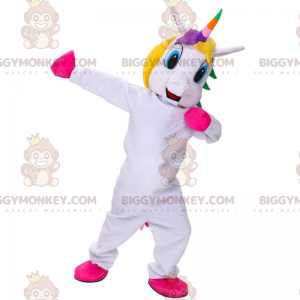 Traje de mascote de unicórnio branco BIGGYMONKEY™ com juba