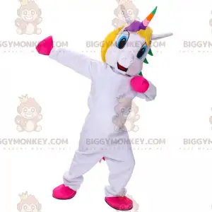 Λευκή στολή μασκότ BIGGYMONKEY™ Unicorn με πολύχρωμη χαίτη -