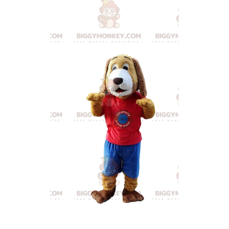 Brown and White Dog BIGGYMONKEY™ Mascot Costume With Sportswear Brown and White Dog BIGGYMONKEY™ Mascot Costume With Sportswear