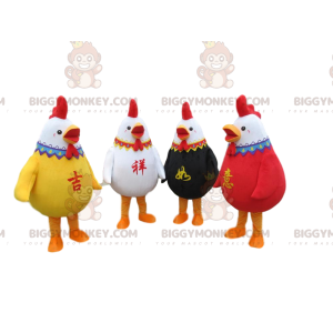 4 mascottes BIGGYMONKEY™ de coqs colorés, 4 costumes de poules