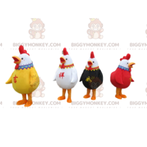 BIGGYMONKEY™s farverige hanemaskotter, 4 farverige hønekostumer - Hens maskot - haner - høns - BiggyMonkey.com