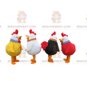 4 mascottes BIGGYMONKEY™ de coqs colorés, 4 costumes de poules
