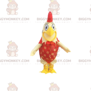 BIGGYMONKEY™ maskotkostyme av gigantisk gul og rød hane med et bredt smil - Høns-maskot - Haner - Høner - BiggyMonkey.com