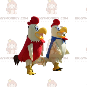 Duo de mascottes BIGGYMONKEY™ de coqs blanc, bleu et rouge