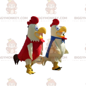 2 mascote BIGGYMONKEY™ de galos brancos, azuis e vermelhos, fantasias de fazenda - BiggyMonkey.com