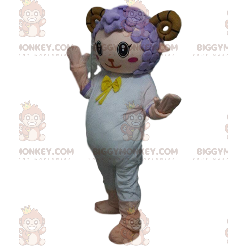Costume de mascotte BIGGYMONKEY™ de mouton blanc, de bouc avec Costume de mascotte BIGGYMONKEY™ de mouton blanc, de bouc avec