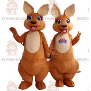 2 BIGGYMONKEY™s maskot af brune og hvide kænguruer med blå øjne