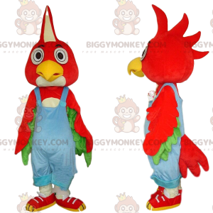 BIGGYMONKEY™ maskotkostume Rød fugl med blå overalls, farverigt