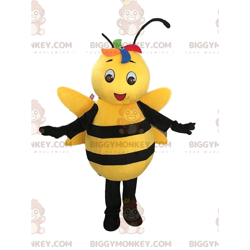 BIGGYMONKEY™ mascot costume yellow and black bee, smiling wasp