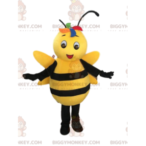 BIGGYMONKEY™ mascot costume yellow and black bee, smiling wasp