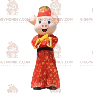 Gris BIGGYMONKEY™ maskotdräkt klädd i traditionell asiatisk