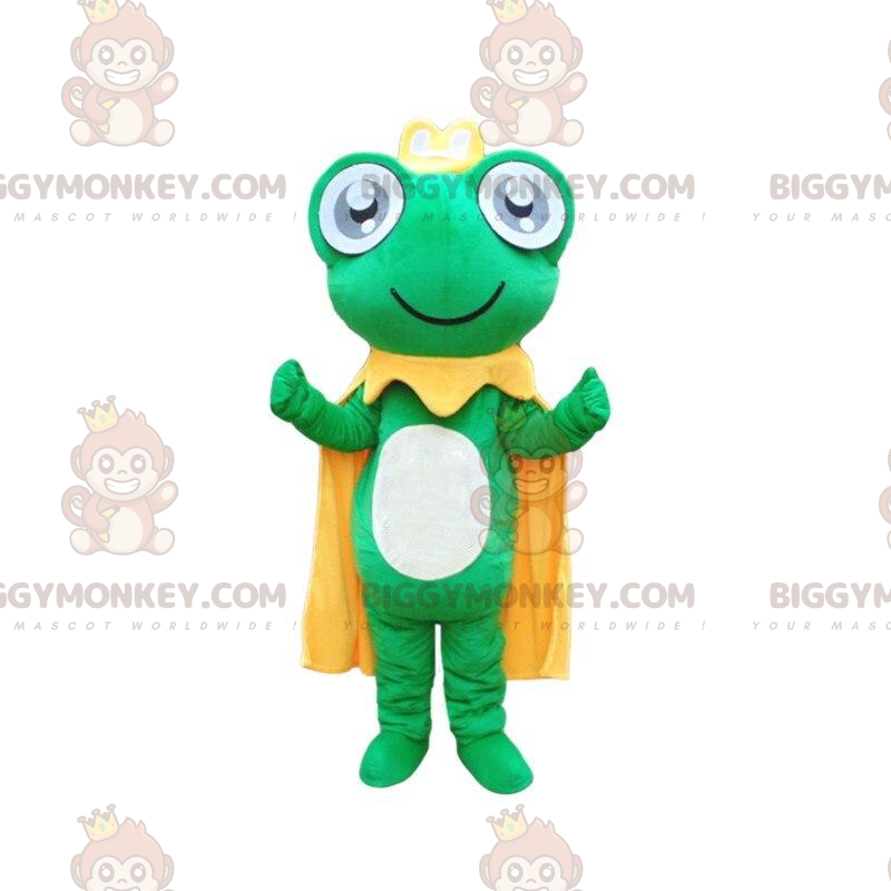 Kostium maskotki zielonej żaby BIGGYMONKEY™ z żółtą peleryną i Kostium maskotki zielonej żaby BIGGYMONKEY™ z żółtą peleryną i