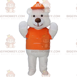Στολή μασκότ BIGGYMONKEY™ Big White Bear ντυμένη σε πορτοκαλί με καπέλο - Μασκότ αρκούδας - BIGGYMONKEY_010289 - BiggyMonkey.com