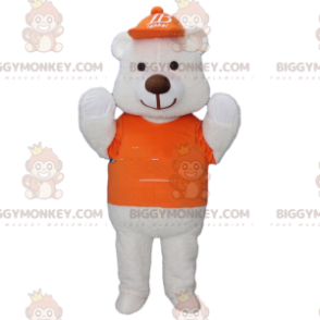 BIGGYMONKEY™ Big White Bear Mascot Costume Dressed In Orange