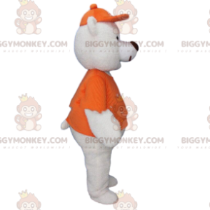 BIGGYMONKEY™ Big White Bear maskottiasu oranssiin pukeutuneena lippalakin kanssa - Karhun maskotti - BiggyMonkey.com