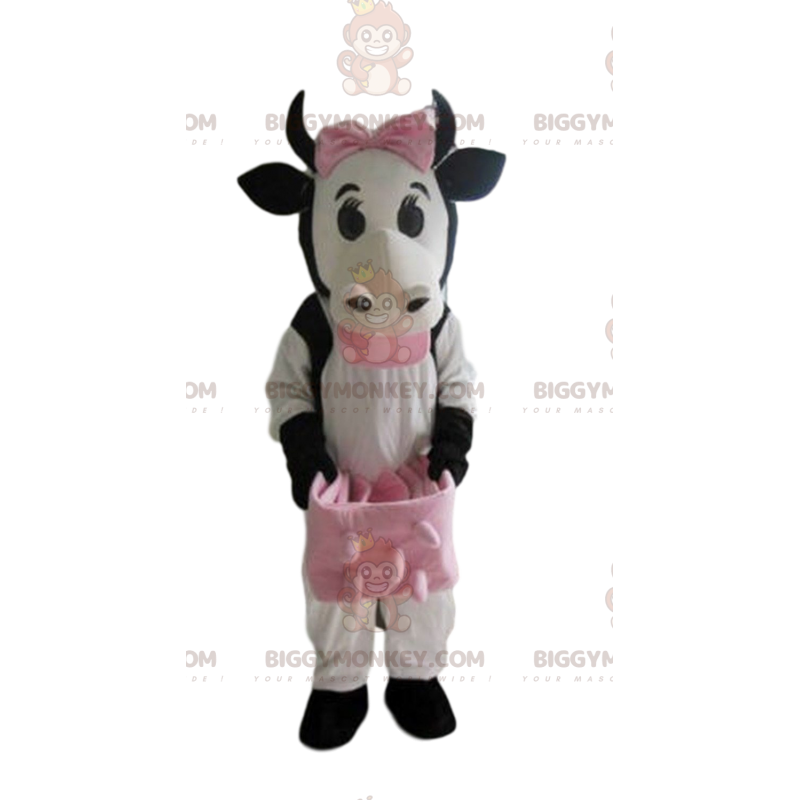 Disfraz de mascota BIGGYMONKEY™ de vaca blanca, negra y rosa Disfraz de mascota BIGGYMONKEY™ de vaca blanca, negra y rosa