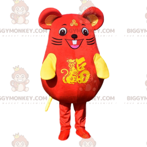 Hyvin hymyilevä puna-keltainen hiiren BIGGYMONKEY™ maskottiasu.