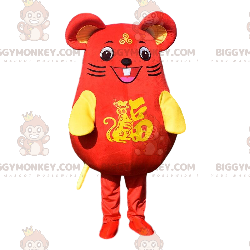 Very smiling red and yellow mouse BIGGYMONKEY™ mascot costume.
