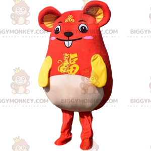 Meget sjov rød og gul mus BIGGYMONKEY™ maskot kostume. Asiatisk