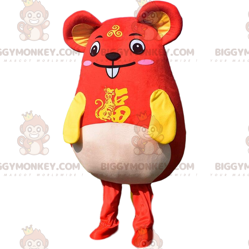 Erittäin hauska puna-keltainen hiiren BIGGYMONKEY™ maskottiasu. Erittäin hauska puna-keltainen hiiren BIGGYMONKEY™ maskottiasu.