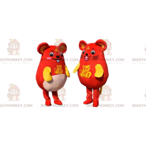 2 BIGGYMONKEY™s mascotte di topi gialli e rossi, coppia di topi