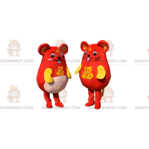 2 BIGGYMONKEY™s maskot av gule og røde mus, et par mus - Musemaskot - BIGGYMONKEY_010296 - BiggyMonkey.com