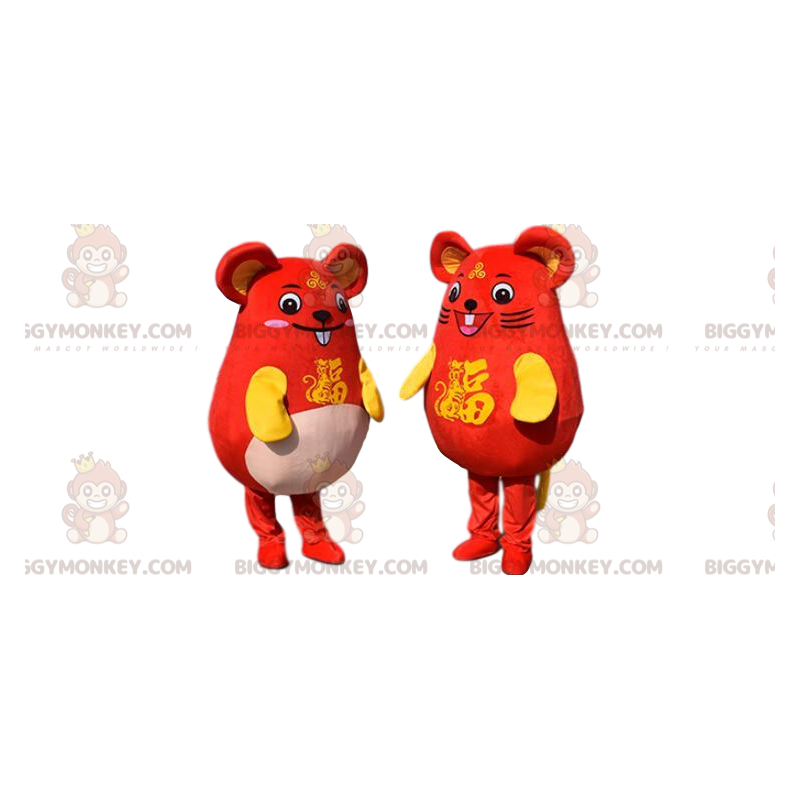 Duo de mascottes BIGGYMONKEY™ de souris jaunes et rouges Duo de mascottes BIGGYMONKEY™ de souris jaunes et rouges