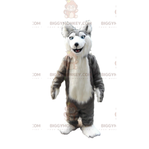 BIGGYMONKEY™ mascot costume of gray and white husky, furry wolf