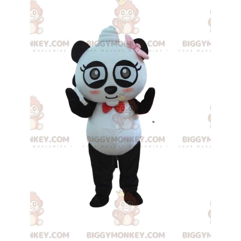 Super Fun Panda BIGGYMONKEY™ maskottiasu rusetilla -