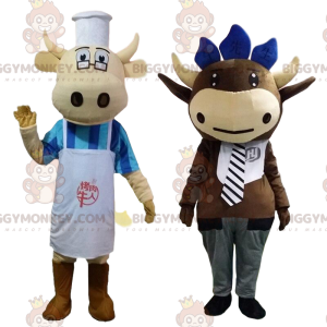2 krávy maskotů BIGGYMONKEY™, oblečené, farmářské kostýmy –